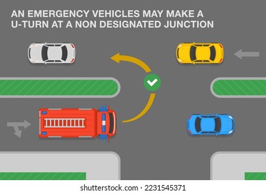 Safe car driving and traffic regulation rules. An emergency vehicles may make a u-turn at a non designated junction. Fire truck turning on motorway. Flat vector illustration template.