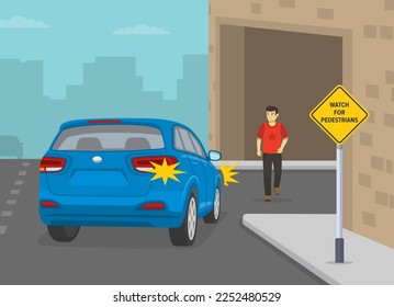 Normas de conducción segura y de regulación del tráfico. El tránsito debe ceder ante los peatones. Caracter masculino joven cruzando la calle. Plantilla de ilustración vectorial plana.