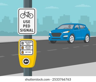 Conducción segura de automóviles y regulación del tráfico. Vista de cerca de un Botón de interruptor de semáforo y letrero para ciclistas. Suv azul acercándose a la intersección. Plantilla de Ilustración vectorial plana.