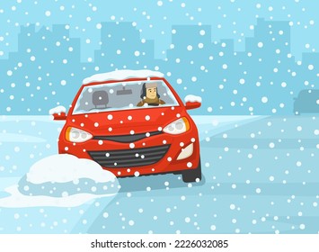 Safe car driving at winter season. Front view of a sedan skidding across the icy road. Red car loses control and gets stuck. Flat vector illustration template.