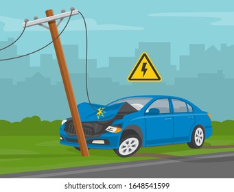 Safe cara driving. Power line knocked down by vehicle accident. Downed power line safety rule. Flat vector illustration template.