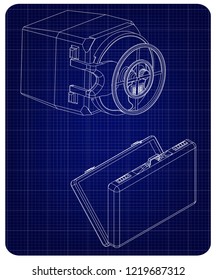 Safe and case on a blue background. Drawing