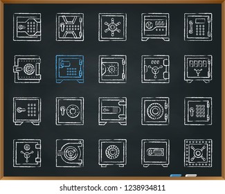 Safe chalk icon set. Outline sign kit of bank cell. Keep money linear icons of finance code lock, vault security. Hand drawn simple steel container symbol on blackboard. Secure box vector Illustration