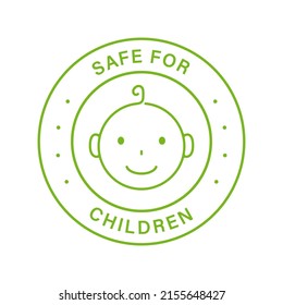 Safe for Children Line Green Stamp. Safety Product for Child Outline Sticker. Kid Friendly Zone Label. Non Toxic Material for Kid. Baby Food Sign in Restaurant Menu. Isolated Vector Illustration.