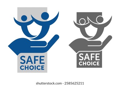 Safe Choice - label for tested products without harmful ingredients. Vertical badge with abstract people