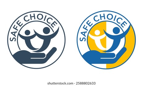 Safe Choice - label for tested products without harmful ingredients. Circular badge with abstract people