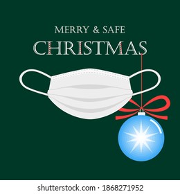 Safe Christmas background: mask, decorative ball, congratulation text. Colors: green, white, light blue. Minimal design. Vector for banner, greeting card, protection on holidays concept.