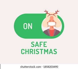 Safe Christmas concept. Face mask safe mode switch toggle. xmas Flat vector illustration with character person avatar on face mask on green button.