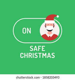 Safe Christmas concept. Face mask safe mode switch toggle. xmas Flat vector illustration with character person avatar on face mask on green button.