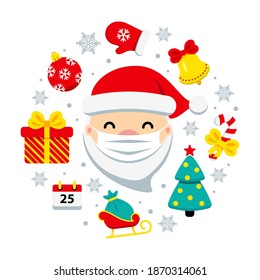 Safe Christmas corona virus concept. Santa Claus with protective mask and icons around. COVID-19 Merry Christmas cute flat vector illustration. Pandemic coronavirus New Year 2021.