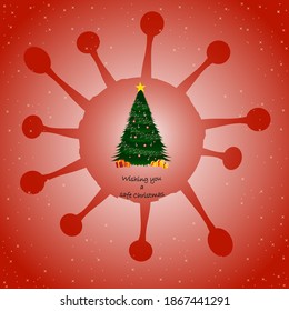 Safe Christmas creative poster. The illustrations depicts a silhouette of virus and Christmas tree. It's best use would be for postcards and posters.
