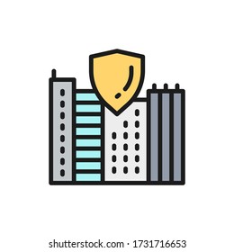 Safe city, town with shield, secure flat color line icon.