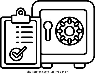 A safe with a clipboard next to it. The clipboard has a check mark on it. The safe is black and white