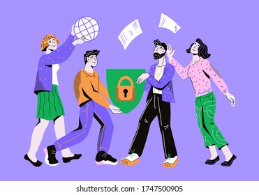 Sicherer Cloud-Service und SAAS Internet-Technologie von Software-Banner-Vorlage mit Cartoon-Charaktere von Geschäftsleuten, die Dokumente online teilen. Cartoon, Vektorgrafik.