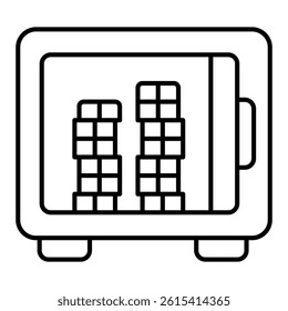 Safe and coins stacks inside thin line icon, banking concept. Vector graphics. Metal safe with money coins, savings sign on white background, linear style for mobile or design