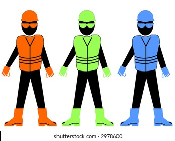 safe and colorful construction workers wearing hard hats, goggles, jackets gloves and boots