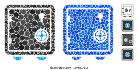 Safe composition of spheric dots in different sizes and color hues, based on safe icon. Vector round dots are grouped into blue composition. Dotted safe icon in usual and blue versions.