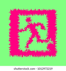 Safe condition sign. Emergency exit. Vector. Magenta rough icon on greenish background. Isolated.