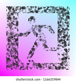 Safe condition sign. Emergency exit. Vector. Gray icon with bubbled texture at color background with pink and sky blue corners.