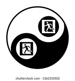 Safe condition sign. Emergency exit. Vector. Black and white icon inside circles of yin and yang symbol at white background.