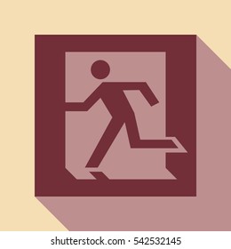 Safe condition sign. Emergency exit. Wine color icon with rosy brown flat style shadow path on wheat background.
