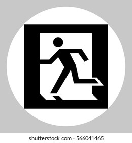 Safe condition sign. Emergency exit. Black icon in white circle at gray background.