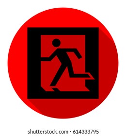 Safe condition sign. Emergency exit. Vector. Flat black icon with flat shadow on red circle with white background. Isolated.
