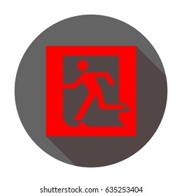 Safe condition sign. Emergency exit. Vector. Red icon with reddish shadow on dark gray circle at white background. Isolated.