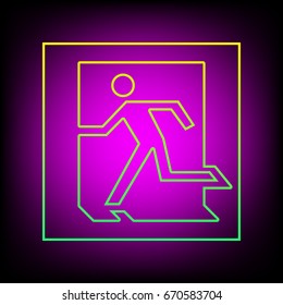 Safe condition sign. Emergency exit. Vector. Yellow-green gradient linear icon on magenta light as background