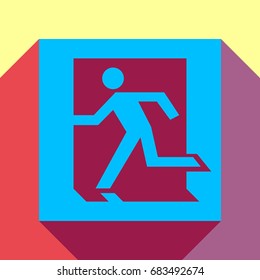 Safe condition sign. Emergency exit. Vector. Deep sky blue icon with two flat violet and raspberry semitransparent shadows on canary background.