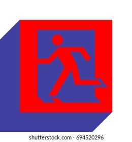 Safe condition sign. Emergency exit. Vector. Red flat style icon with dark blue long shadow on white background.