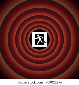 Safe condition sign. Emergency exit. Vector. White icon on black circle in gradient rings.