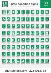 Safe condition signs, safety sign for industry and construction (first aid, exit, emergency phone, stretcher, evacuation, assembly point, escape, eyewash, shower, doctor, auto external defibrillator)