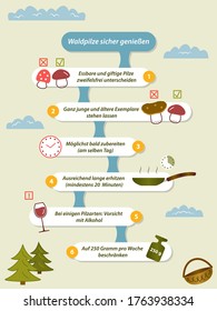 Safe consumption of wild mushrooms (german: Waldpilze sicher genießen). 
Infographics with color pictures in a flat style.