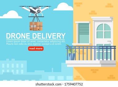 Safe Contactless Delivery concept. Drone with parcel box fly to Customer at balcony home.Social Distancing, New Normal, Coronavirus Epidemic.Vector illustration flat design for banner, and background.