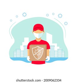 Safe contactless delivery concept illustration. Courier wearing a medical mask and gloves. Protection form covid-19 or coronavirus. Flat vector illustration.