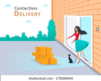 Safe contactless delivery concept. Woman pick up parcel box at the door in front of her house. Non-contact fast delivery service during coronavirus pandemic lockdown. Flat vector illustration