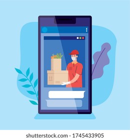 safe contactless delivery courier by covid 19, stay home, order goods online by smartphone vector illustration design