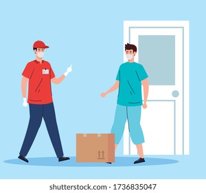 safe contactless delivery courier to house by covid 19 vector illustration design