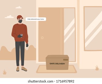 Safe contactless delivery, a courier near the house, sent sms to the customer that the order was delivered. Quarantine time, covid-19. Vector illustration, cartoon flat style, isolated background. 