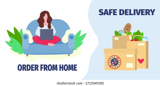 Safe Contactless Delivery During Coronavirus Quarantine And Pandemic. Order From Home And Buy Online To Prevent Covid-19. Woman Ordering Food And Goods Vector Illustration In Flat Style.