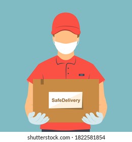 Safe and contactless  delivery during the coronavirus epidemic. A courier in a mask and gloves holds a cardboard box. Vector flat illustration.