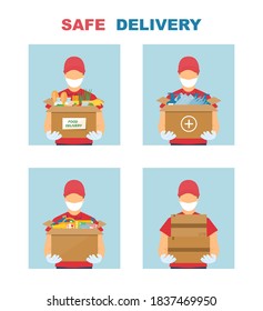 Safe and contactless delivery of food, medicine, school supplies during the coronavirus epidemic. A set of couriers in masks and gloves with boxes in their hands. Vector flat illustration.