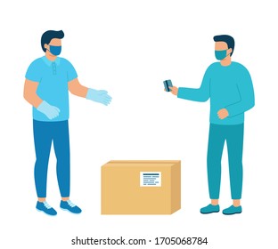 Safe contactless delivery of goods to buyer. Man courier delivered parcel box to customer. Coronavirus pandemic concept. Vector illustration