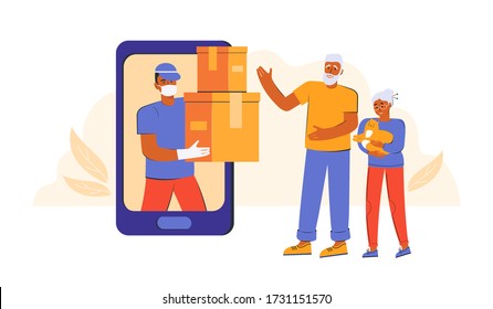 Safe contactless delivery of goods and food. An elderly couple makes an order online via the smartphone mobile app. A courier in a medical protective mask and gloves delivers boxes with the order.