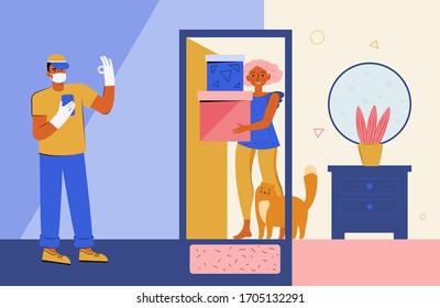 Safe contactless delivery to home. Courier in a protective medical mask and gloves delivers a box with an order to the door of an apartment, house. Safe distance. Online purchases during a quarantine