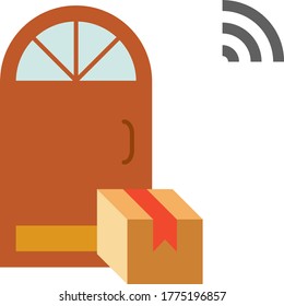 safe contactless delivery to home courier with grocery products bag near the door coronavirus covid 19 outbreak vector color Icon design, No Contact Food Delivery Services Symbol on white background
