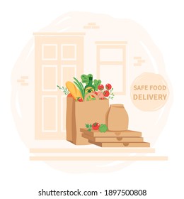 Safe contactless delivery to home during quarantine. Groceries in bag left at front door. Stay safe at home. Flat vector illustration.