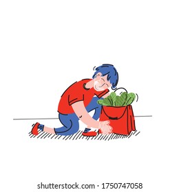 Safe contactless delivery to home to prevent the spread of the corona virus. Groceries in bag left at front door. vector illustration.