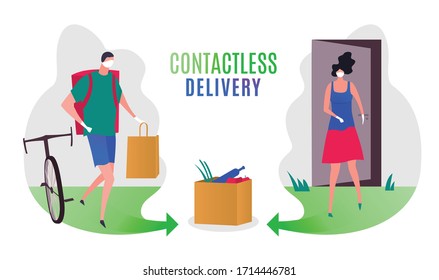 Safe contactless delivery image. Epidemic infection prevention concept. Stay home in quarantine. Fast courier service. Horizontal poster. Editable vector illustration in bright colors